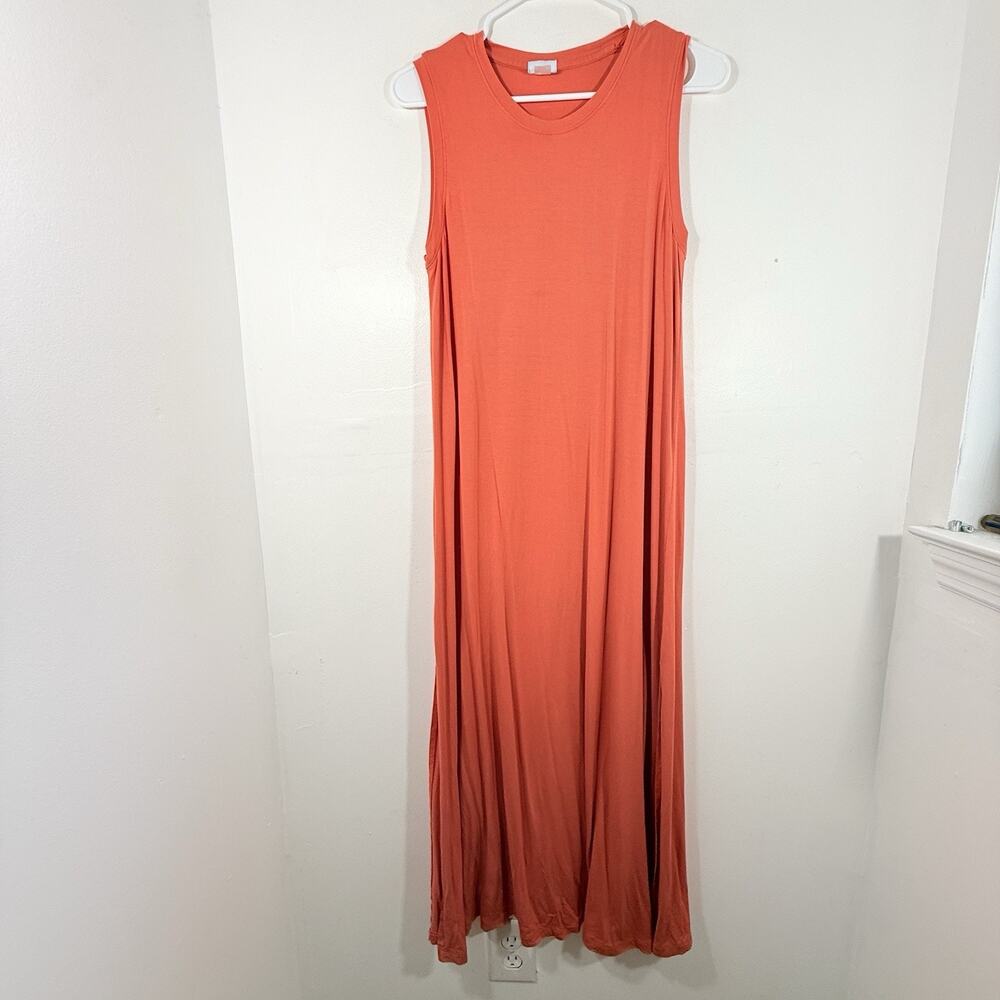 Lake Pajama Coral Orange Slit Stretch Jersey Sleeveless Maxi Day Dress Small